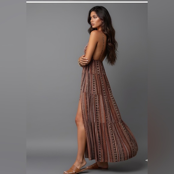 Boho Rust Tribal Print Split Thigh Tie Backless Dress - Picture 7 of 11